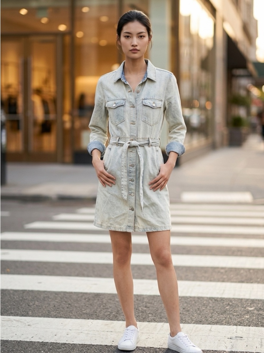 Velvet Heart Denim Shirt Dress with Tie Waist - Light Wash